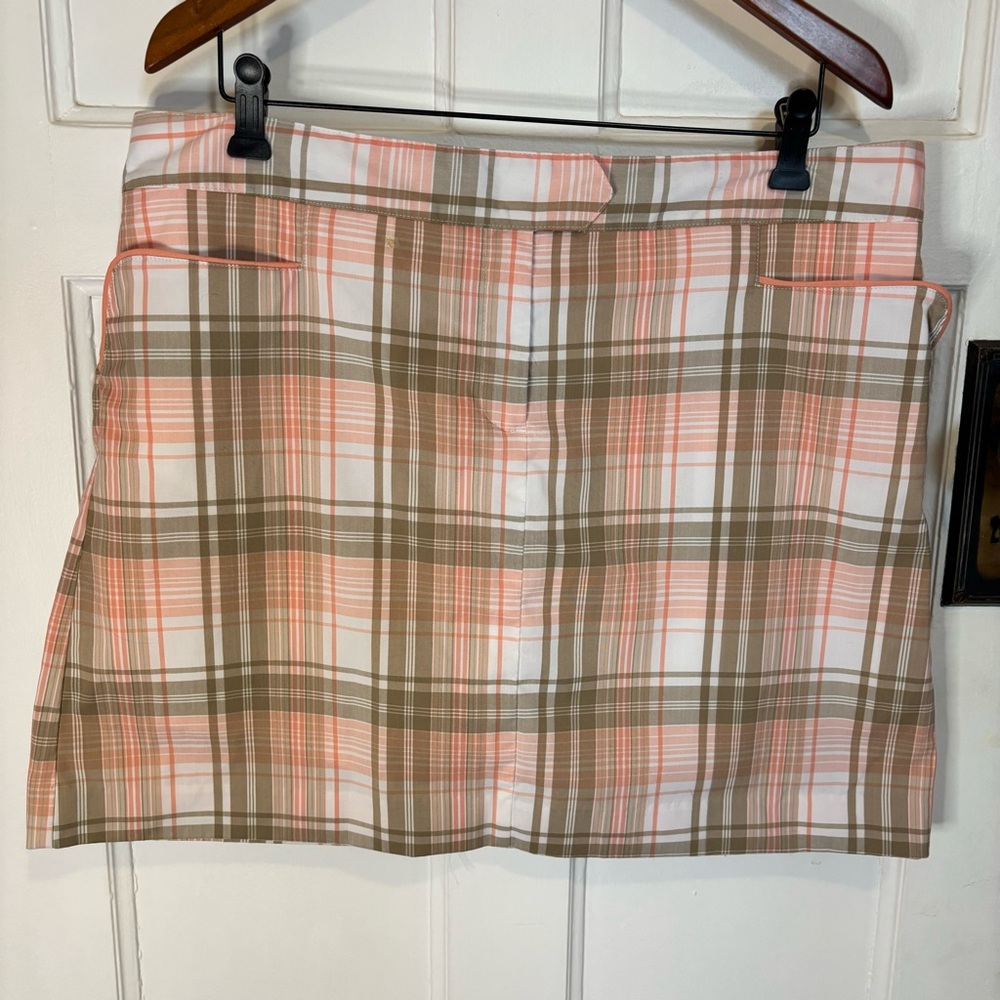 IZOD Women's XFG Cool FX Golf Skort Size 14 Plaid Skirt Army Green and Pink